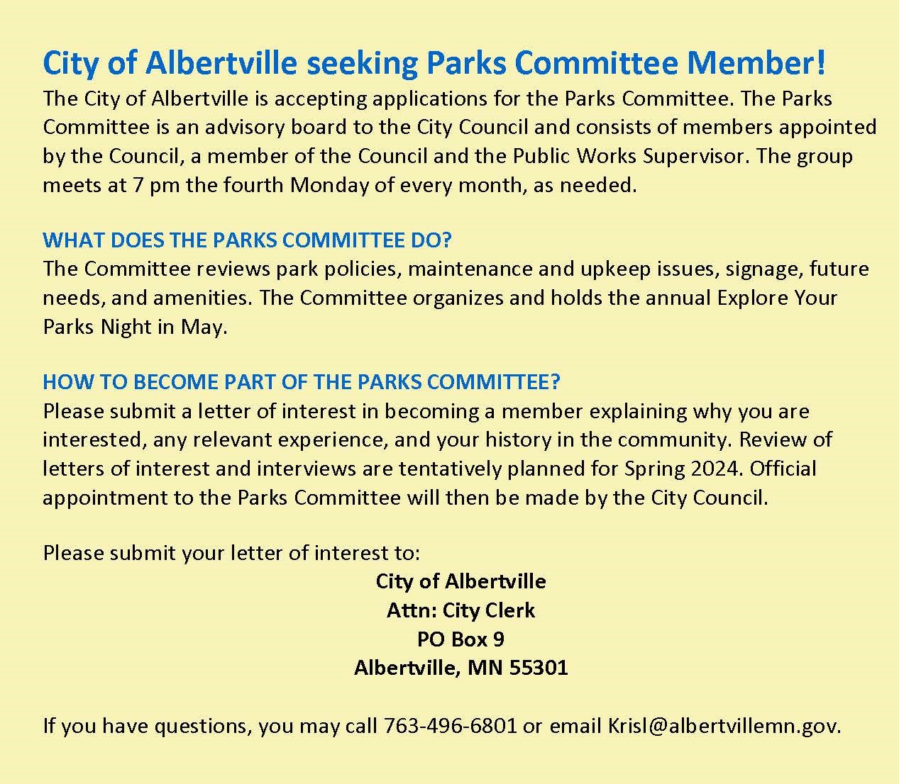 006-Now Seeking Parks Committee Member